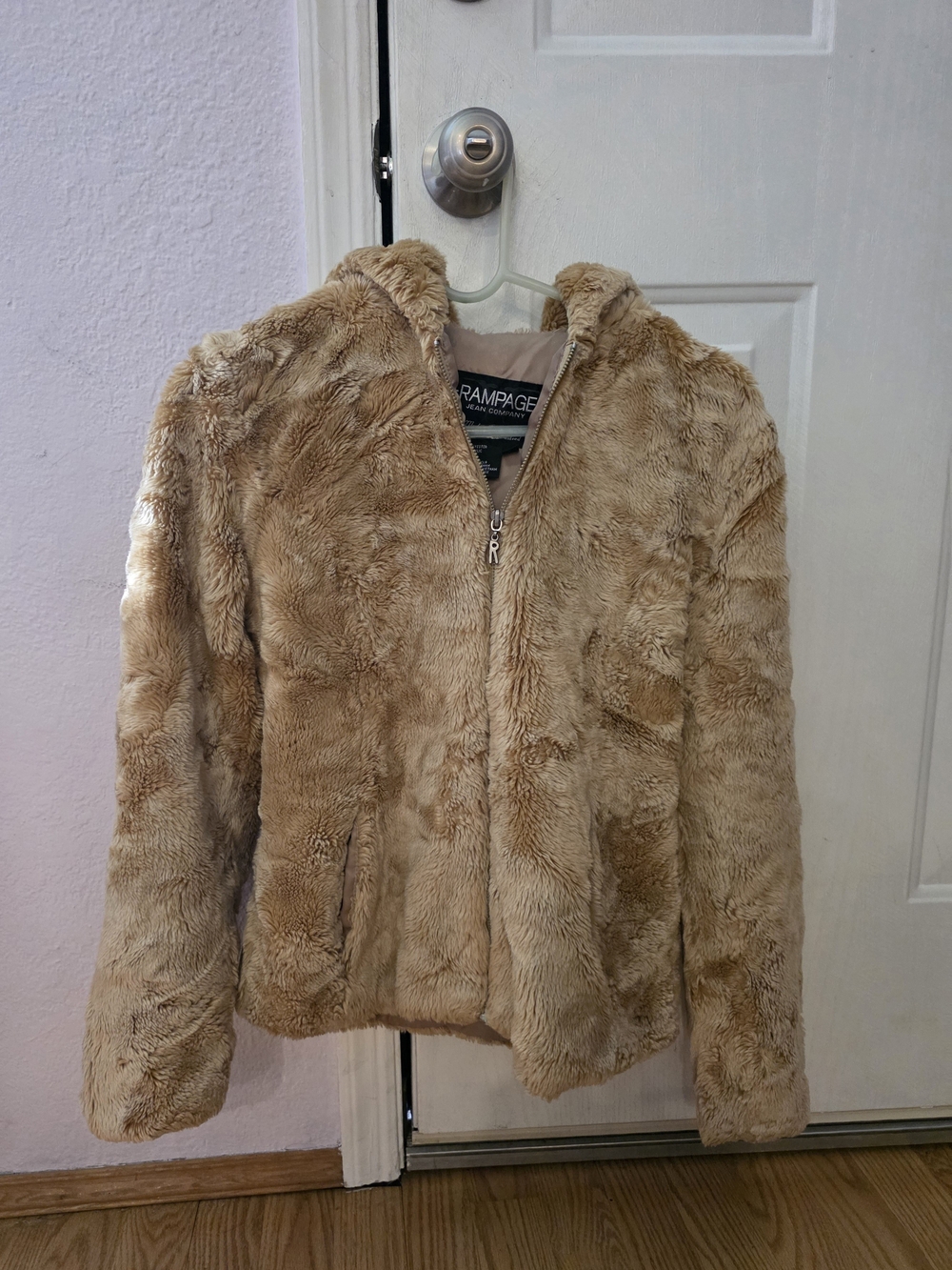 Small Rampage Plush Faux Fur Teddy Hoodie Jacket. in Light Tan